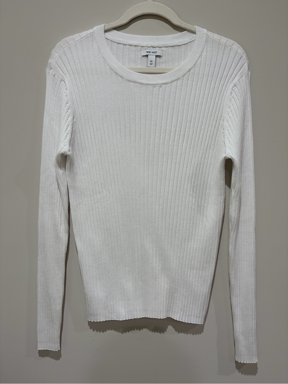 Nine West White Ribbed Scoop Crewneck Sweater